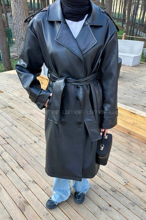 Lamelif Bağlama Detaylı Deri Mont Siyah