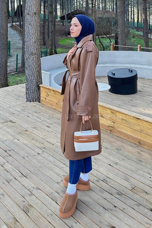 Lamelif Bağlama Detaylı Deri Mont Taba