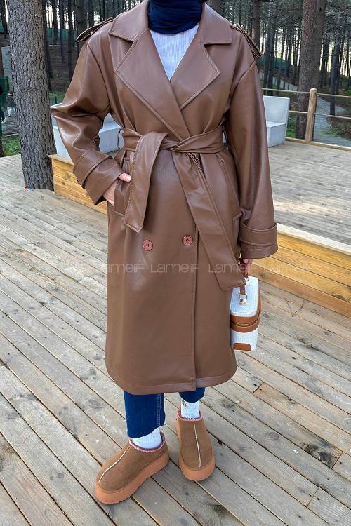 Lamelif Bağlama Detaylı Deri Mont Taba