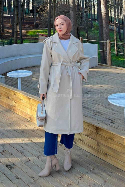 Lamelif Bağlama Detaylı Deri Mont Taş Rengi