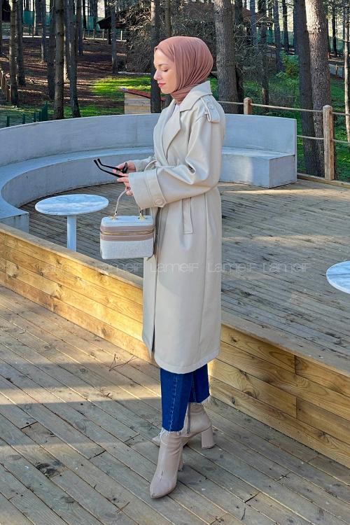 Lamelif Bağlama Detaylı Deri Mont Taş Rengi