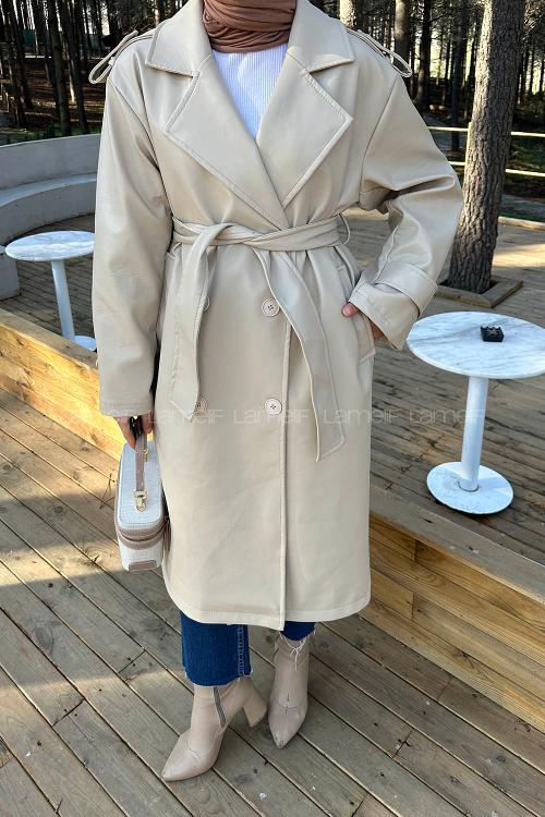 Lamelif Bağlama Detaylı Deri Mont Taş Rengi