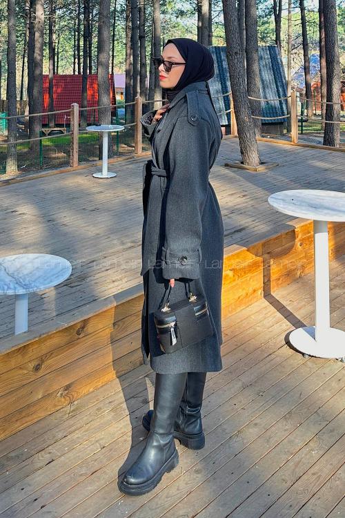 Lamelif Bağlama Detaylı Kaşe Kaban Antrasit