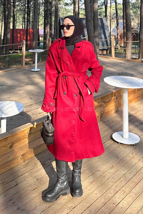 Lamelif Bağlama Detaylı Kaşe Kaban Bordo