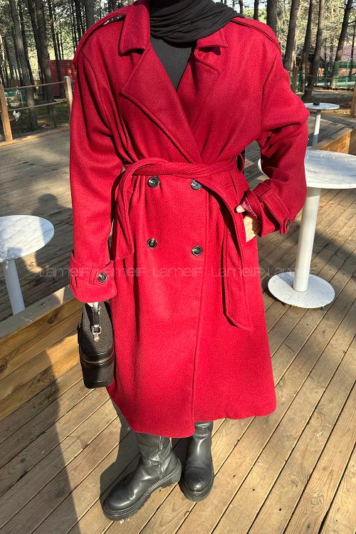 Lamelif Bağlama Detaylı Kaşe Kaban Bordo