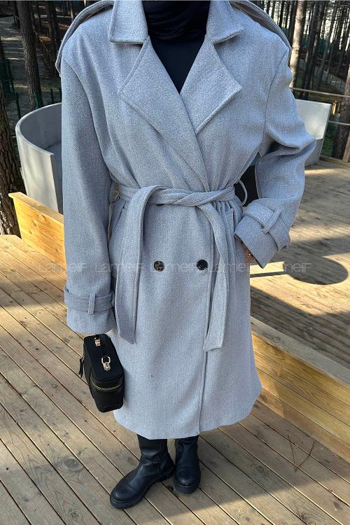 Lamelif Bağlama Detaylı Kaşe Kaban Gri