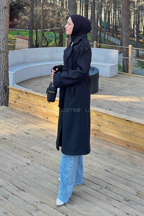 Lamelif Bağlama Detaylı Kaşe Kaban Siyah