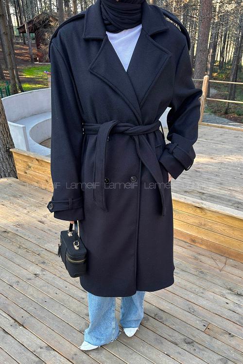 Lamelif Bağlama Detaylı Kaşe Kaban Siyah