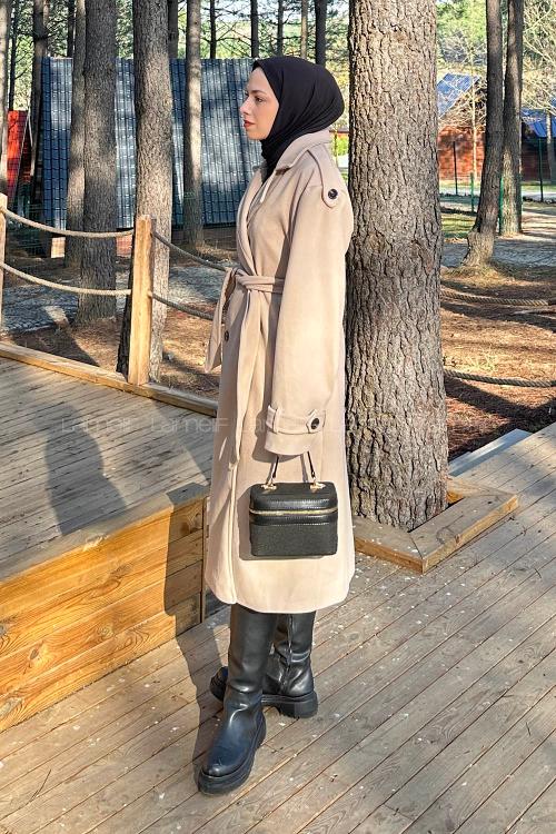 Lamelif Bağlama Detaylı Kaşe Kaban Taş Rengi