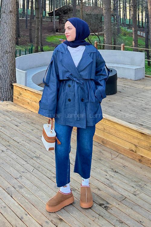 Lamelif Bağlama Detaylı Trençkot Kot Mavisi