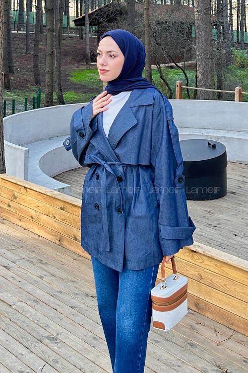 Lamelif Bağlama Detaylı Trençkot Kot Mavisi