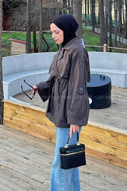 Lamelif Bağlama Detaylı Trençkot Koyu Kahverengi