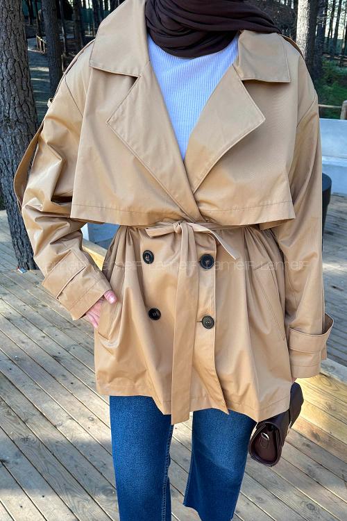 Lamelif Bağlama Detaylı Trençkot Taba