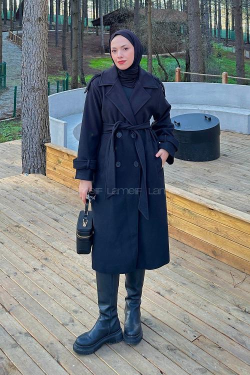Lamelif Düğmeli Kaşe Kaban Siyah