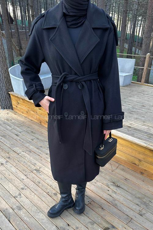 Lamelif Düğmeli Kaşe Kaban Siyah