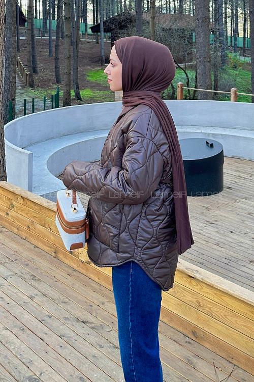 Lamelif Kadife Yaka Kapitone Mont Acı Kahve