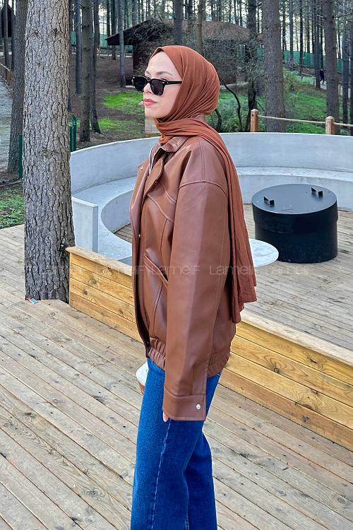 Lamelif Lamelif Çıtçıtlı Deri Mont Kahverengi