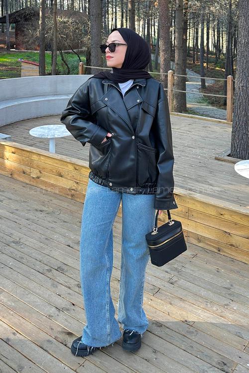 Lamelif Lamelif Çıtçıtlı Deri Mont Siyah