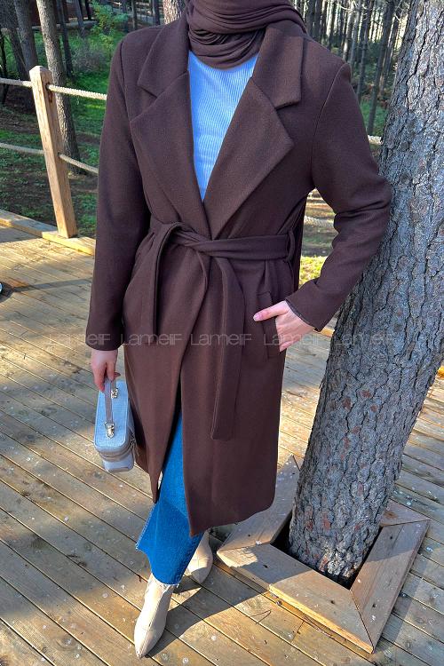 Modalamelif Kuşak Bağlama Detaylı Kaşe Kaban Acı Kahve