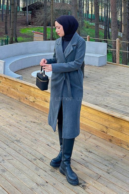 Modalamelif Kuşak Bağlama Detaylı Kaşe Kaban Antrasit