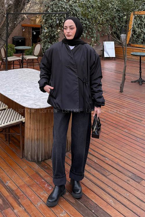Lamelif Bağlama Detaylı Mont Siyah