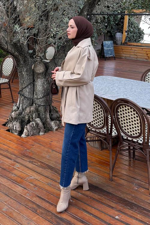 Lamelif Bağlama Detaylı Trençkot Bej