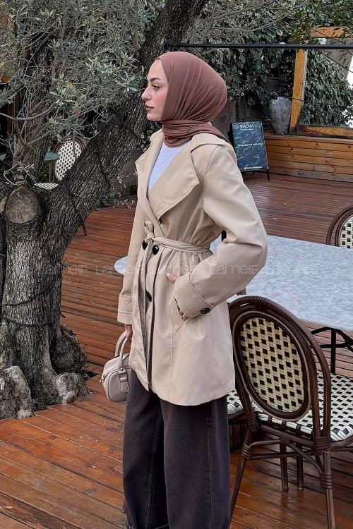 Lamelif Bağlama Detaylı Trençkot Bej