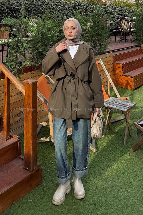 Lamelif Bağlama Detaylı Trençkot Haki