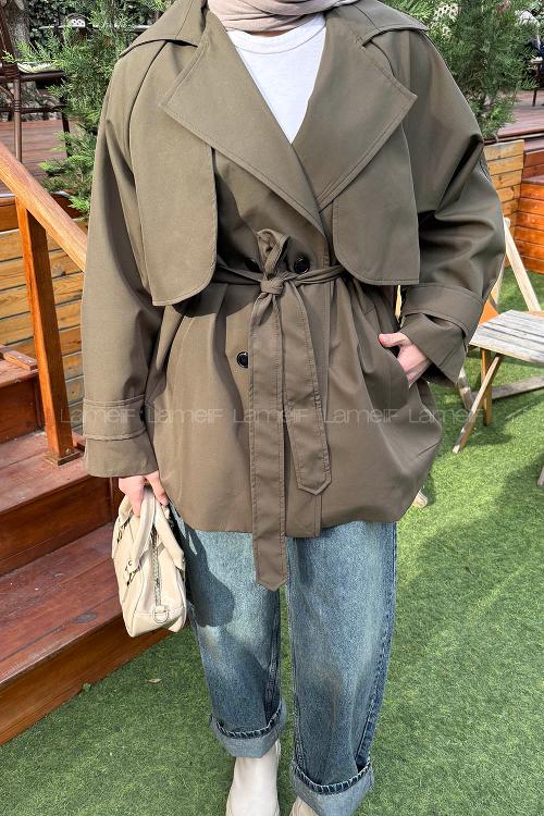 Lamelif Bağlama Detaylı Trençkot Haki