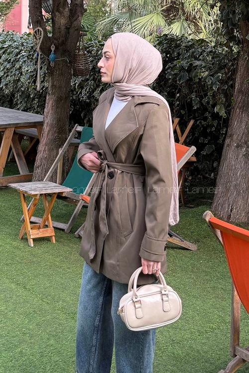 Lamelif Bağlama Detaylı Trençkot Haki