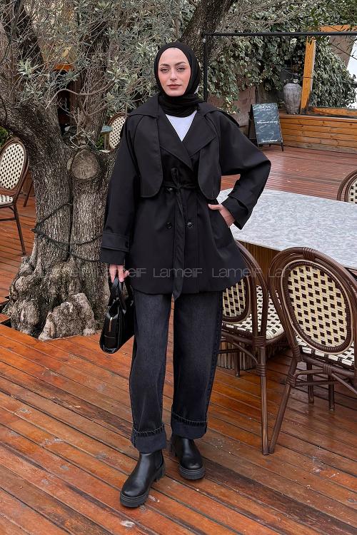 Lamelif Bağlama Detaylı Trençkot Siyah