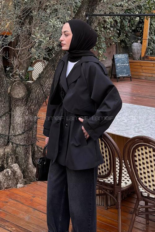 Lamelif Bağlama Detaylı Trençkot Siyah