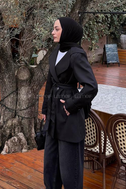 Lamelif Bağlama Detaylı Trençkot Siyah