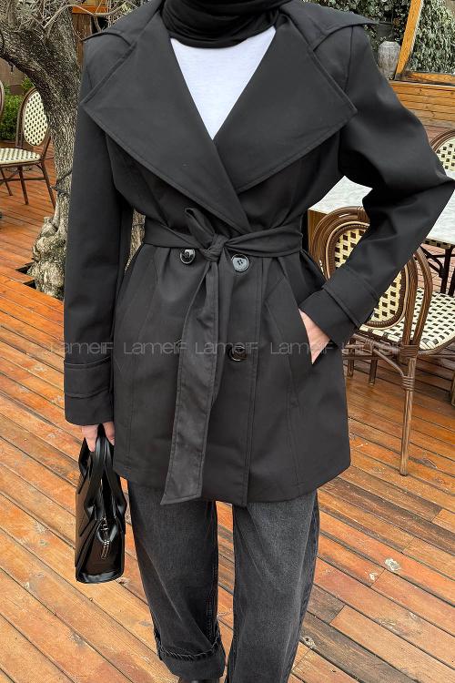Lamelif Bağlama Detaylı Trençkot Siyah