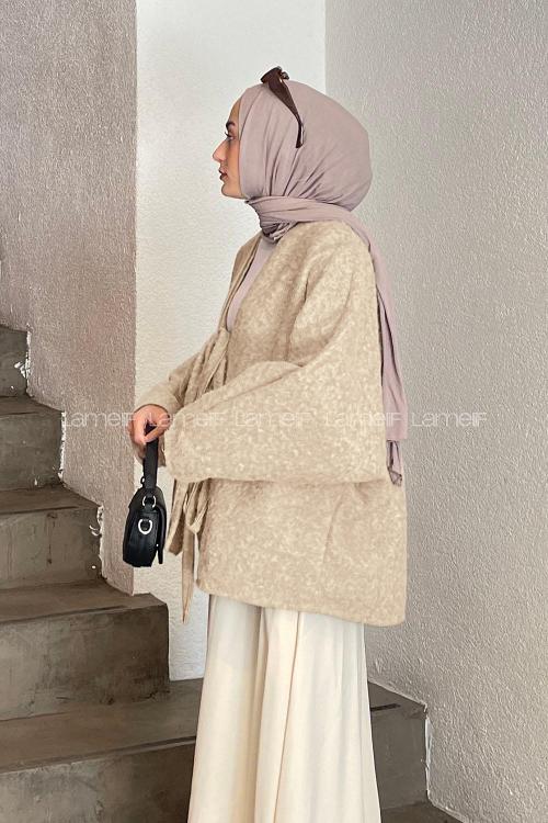 Lamelif Bağlamalı Kaşe Mont Krem