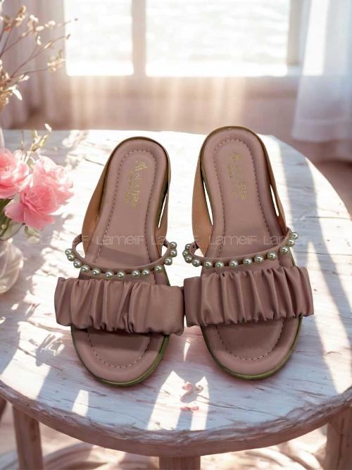 Lamelif Büzgülü İnci Detaylı Sandalet Pudra Rengi