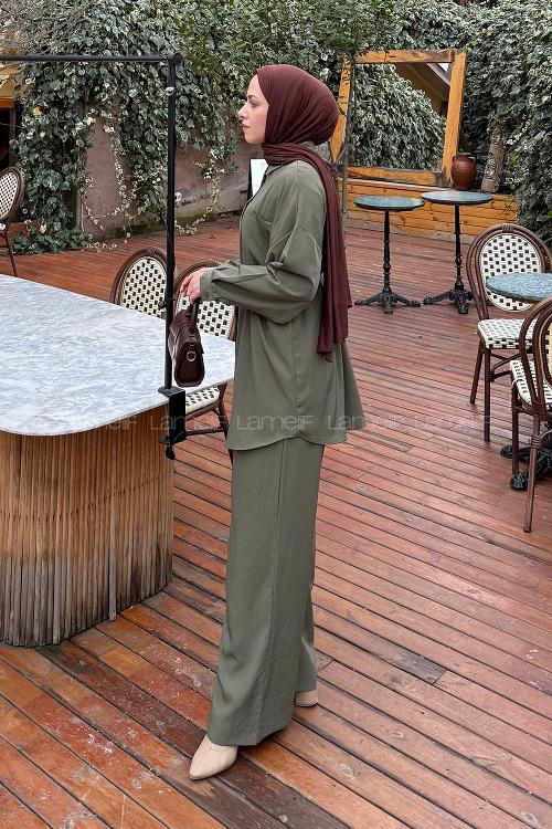 Lamelif Cep Detaylı Modal Tesettür Takım Haki