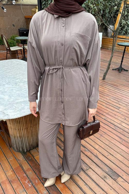 Lamelif Cep Detaylı Modal Tesettür Takım Vizonrengi