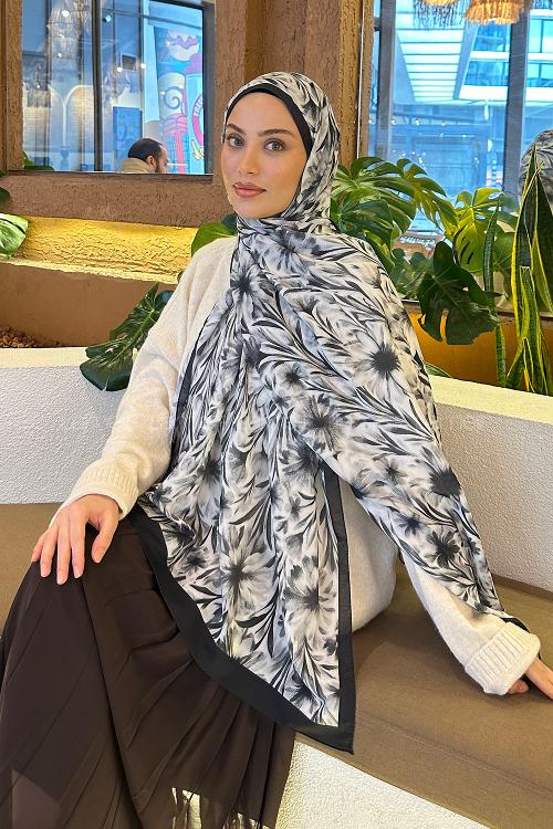 Lamelif Daisy Flowers Desen Pamuk Şal Beyaz Siyah