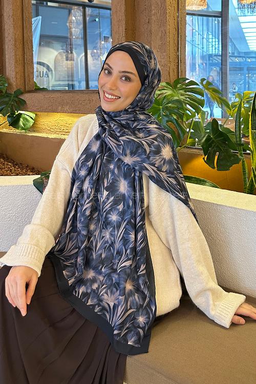 Lamelif Daisy Flowers Desen Pamuk Şal Lacivert