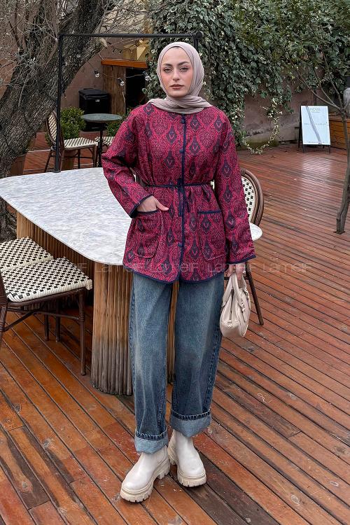 Lamelif Etnik Desen Ceket Bordo