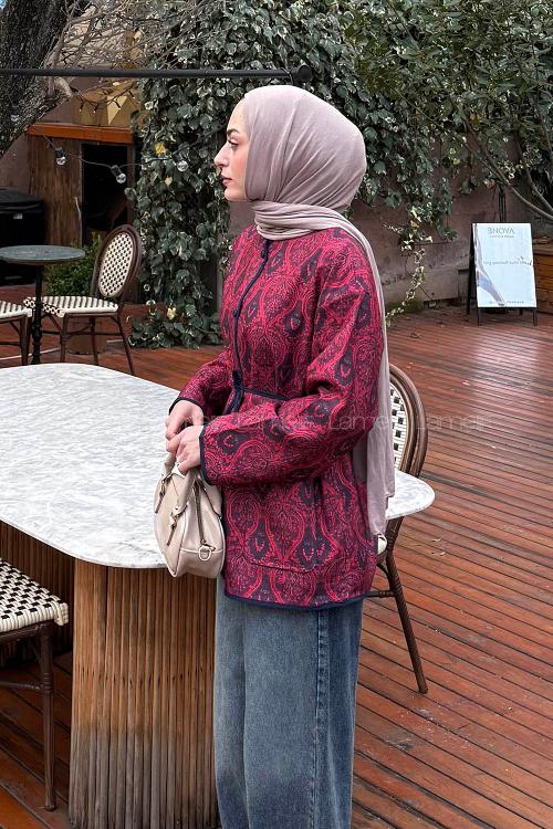Lamelif Etnik Desen Ceket Bordo