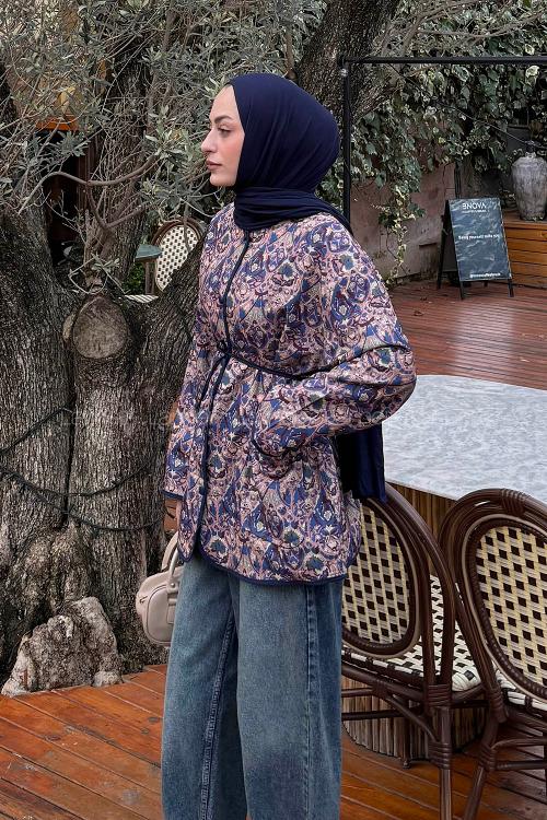 Lamelif Etnik Desen Ceket Lacivert