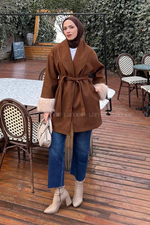 Lamelif Kol Kürk Detaylı Kaşe Kaban Acı Kahve
