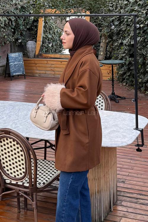 Lamelif Kol Kürk Detaylı Kaşe Kaban Acı Kahve