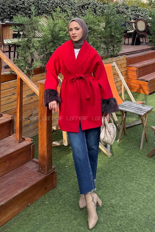 Lamelif Kol Kürk Detaylı Kaşe Kaban Nar Çiçeği