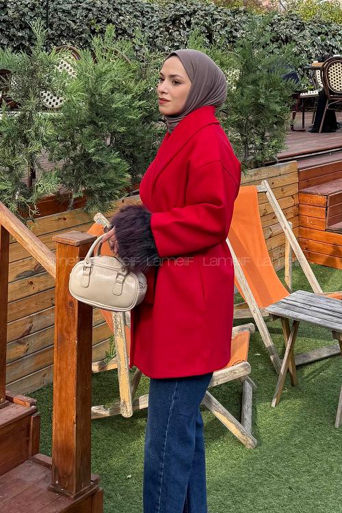 Lamelif Kol Kürk Detaylı Kaşe Kaban Nar Çiçeği