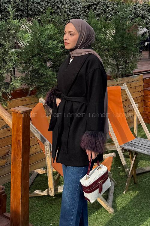 Lamelif Kol Kürk Detaylı Kaşe Kaban Siyah