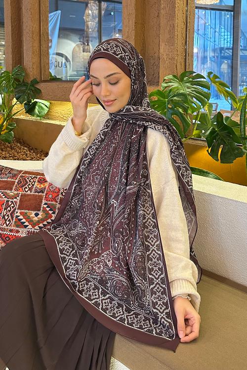 Lamelif Retro Desen Pamuk Şal Koyu Bordo