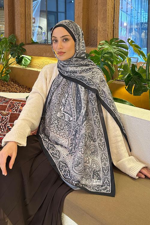 Lamelif Retro Desen Soft Şal Siyah Beyaz